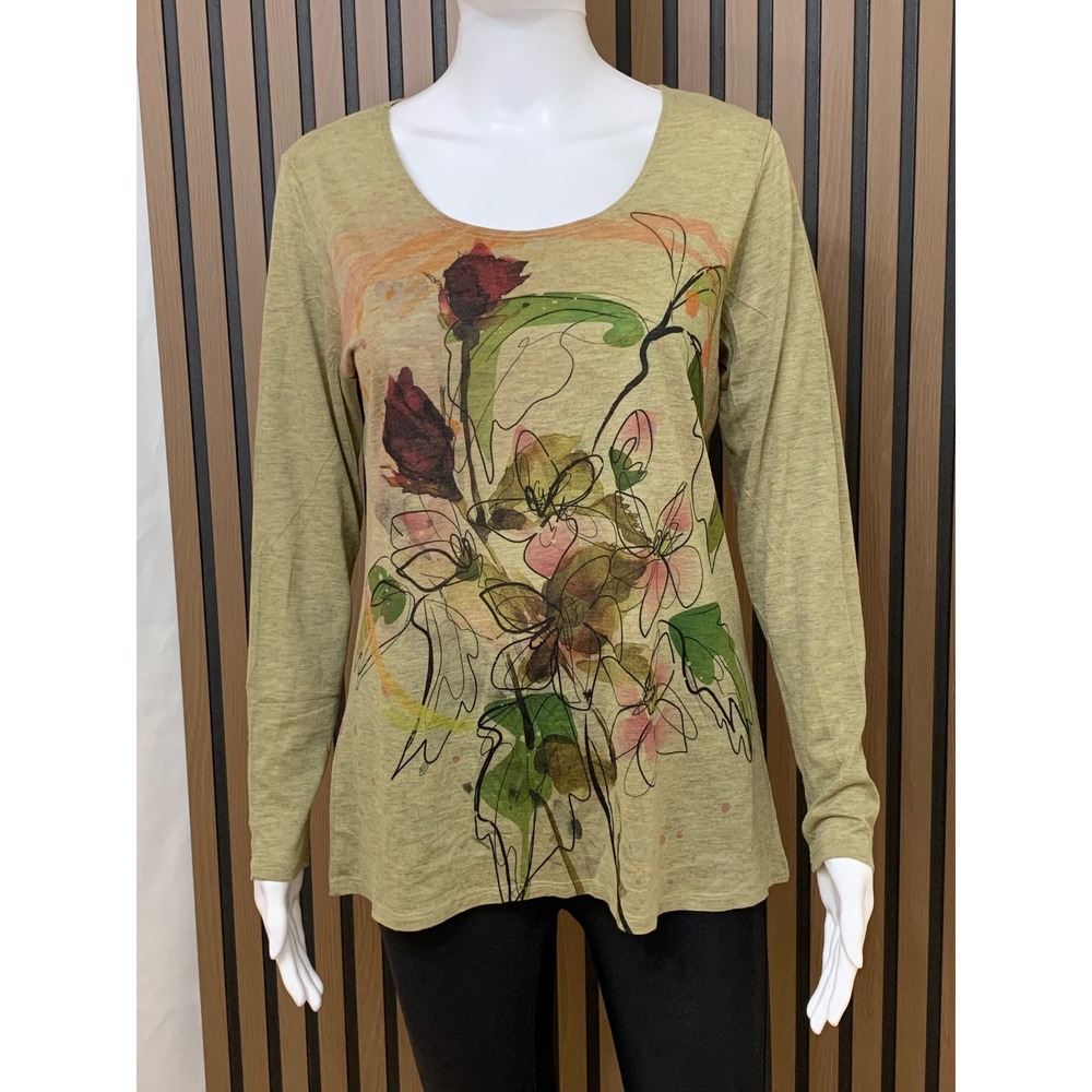 Coldwater Creek Women's Small Green Floral Graphic Long Sleeve Lagenlook